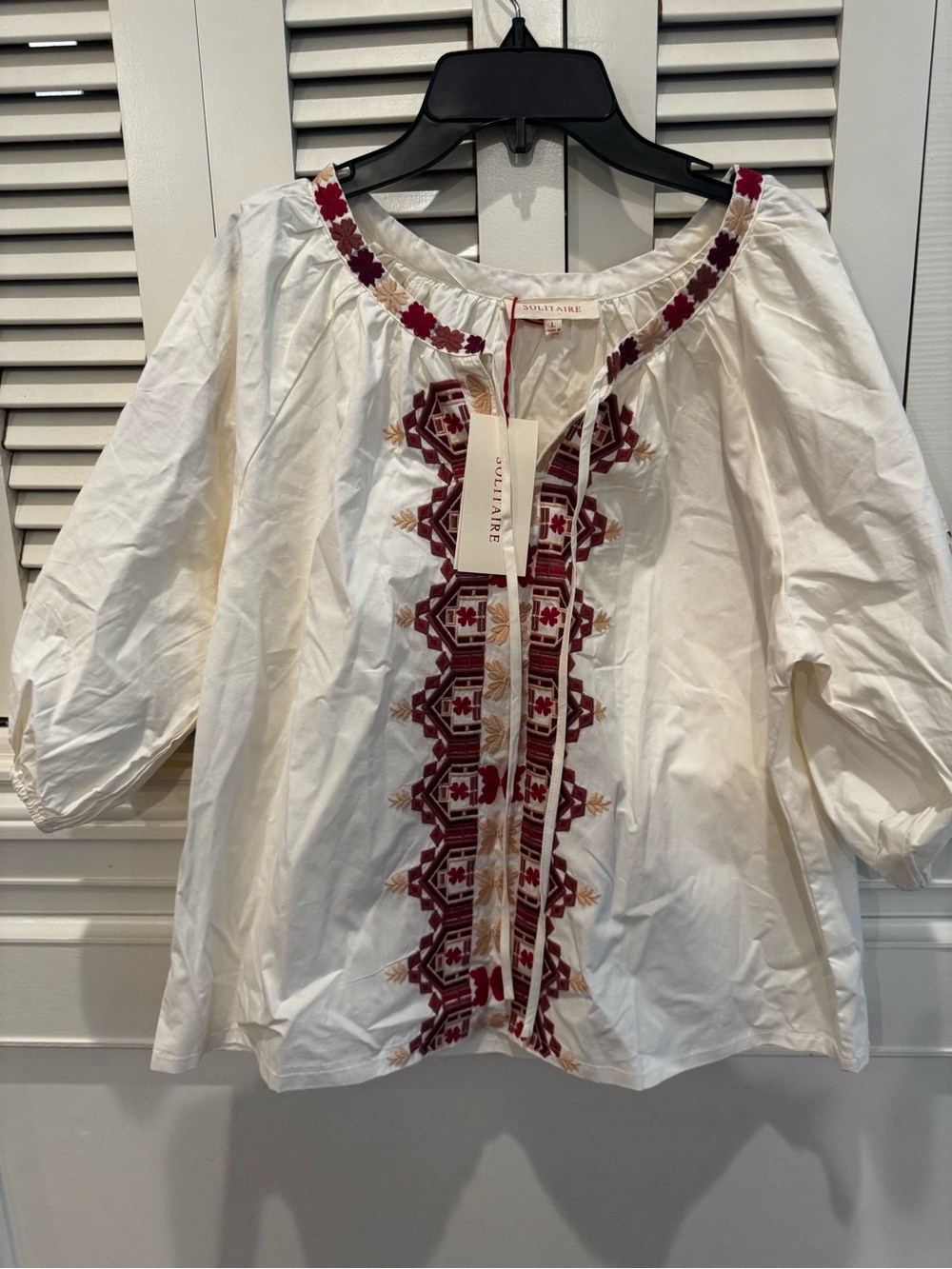 Solitaire White Blouse with Burgundy and Tan Embroidery